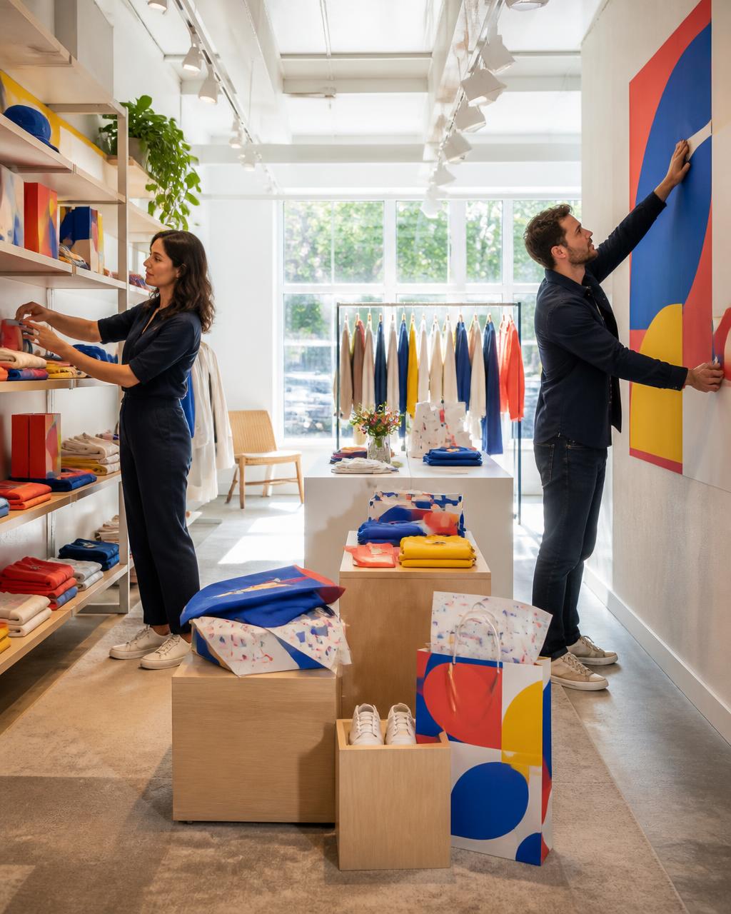 A creative team applying a cohesive visual identity across a distinctive retail store