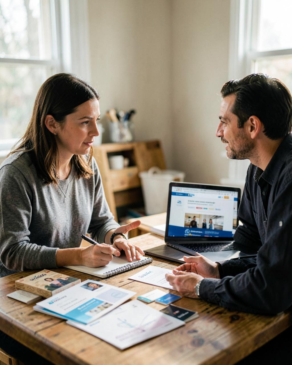 A brand strategist reviewing a business's brand materials with its owner in their own workspace