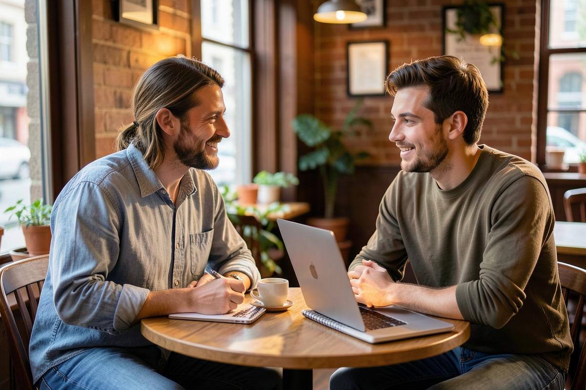 A relaxed commercial conversation over coffee in a café