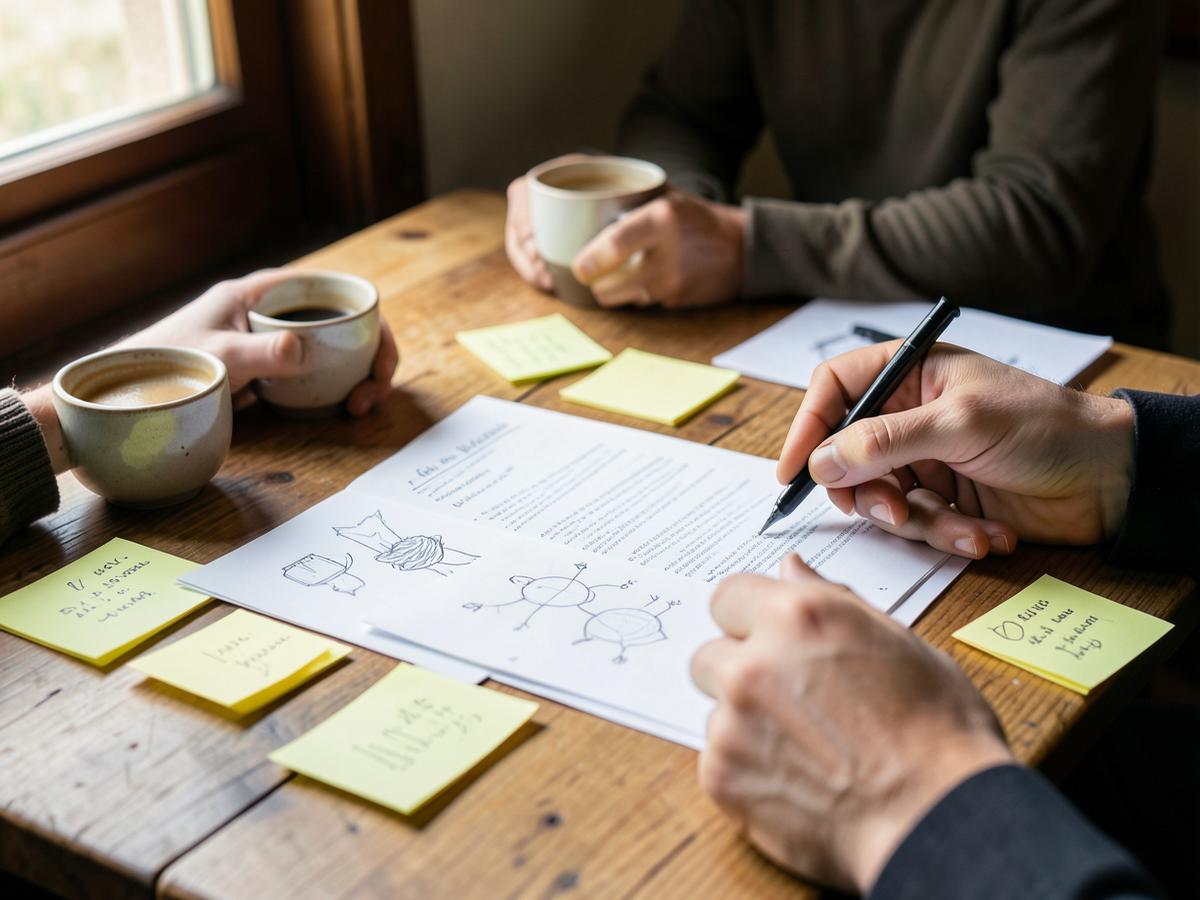 Hands reviewing sketches, notes and ideas over coffee at a wooden table