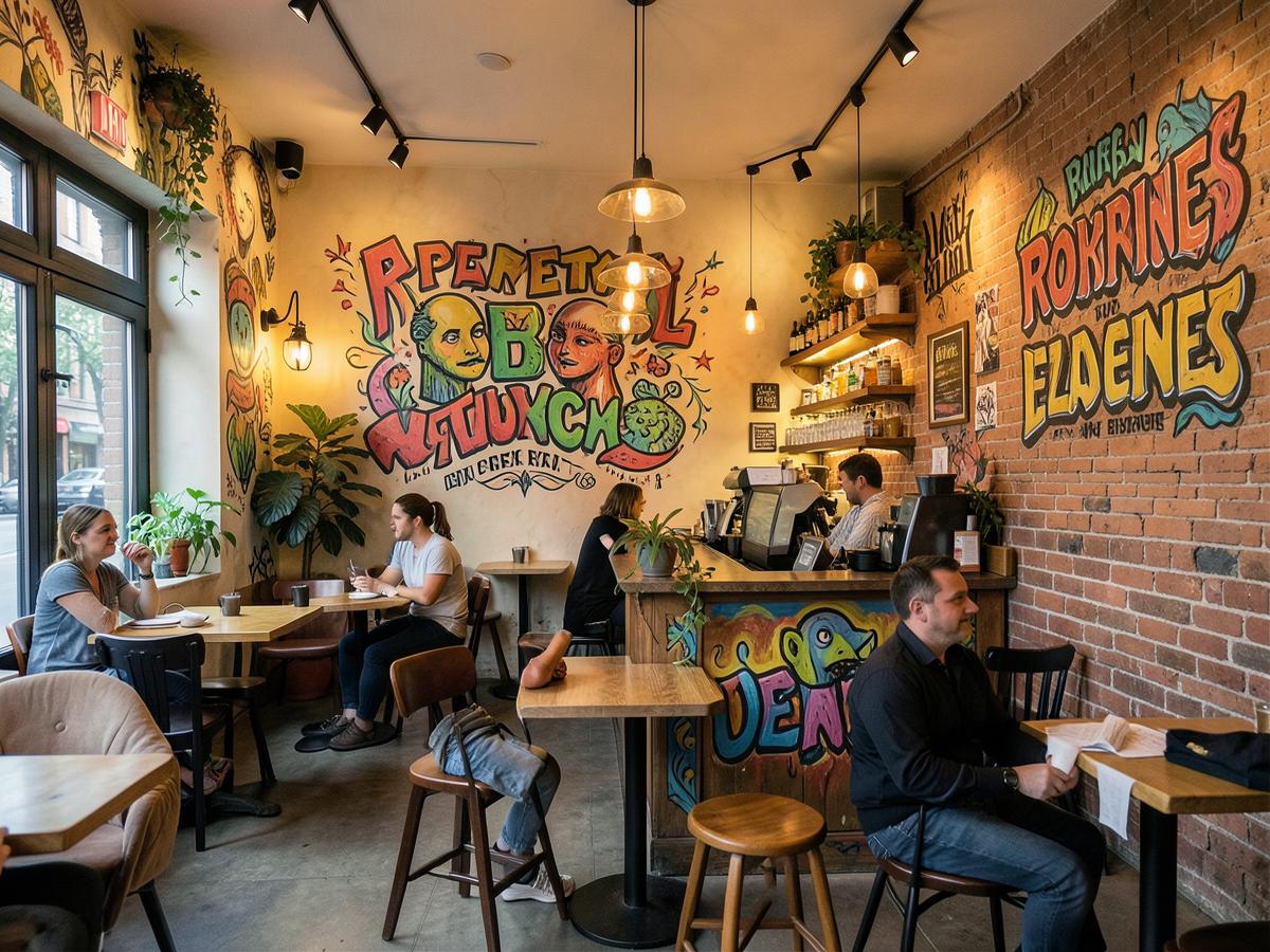 A characterful independent café with bold hand-painted branding on the walls