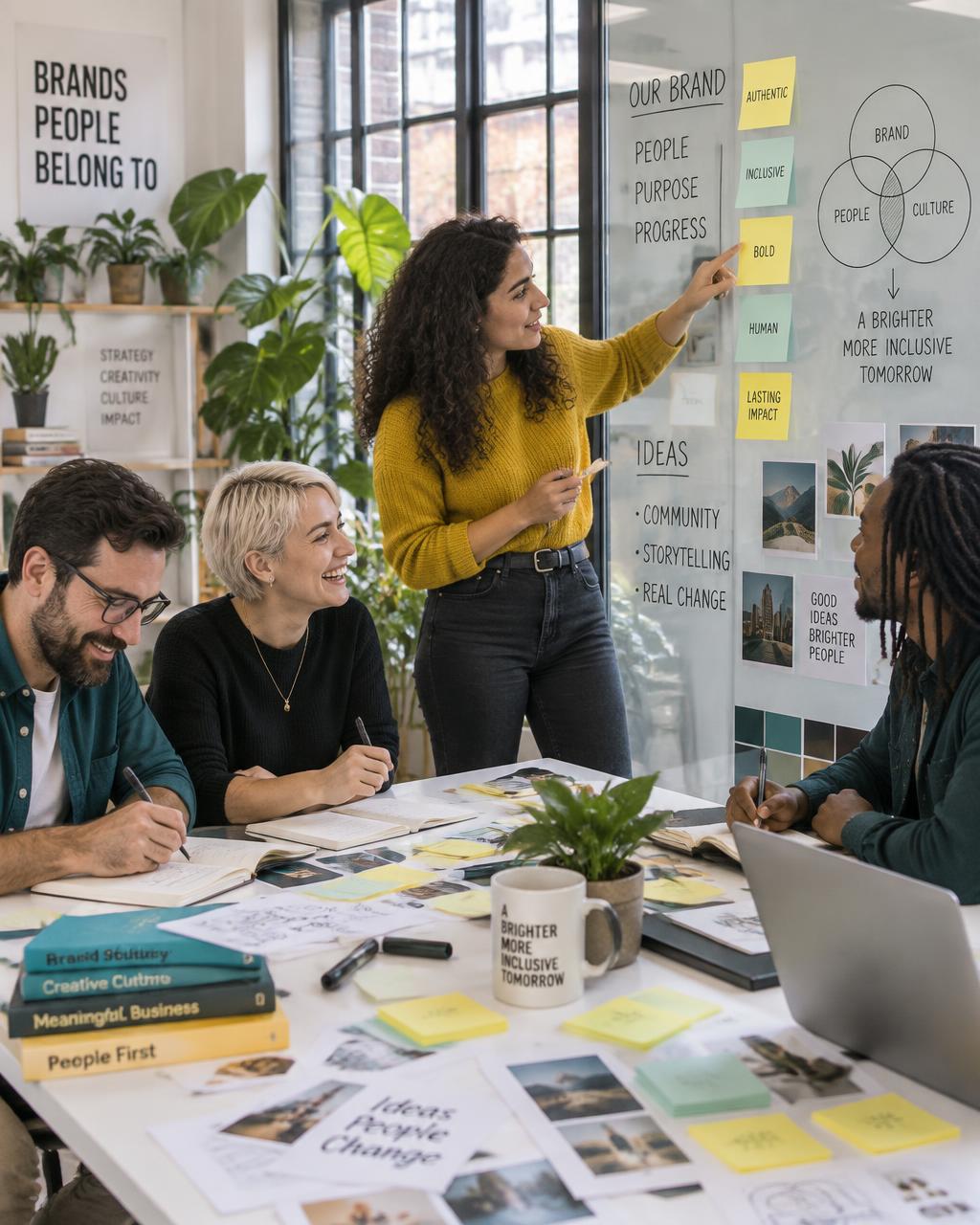 A casual team brainstorming around sticky notes and mood boards in a bright strategy workshop