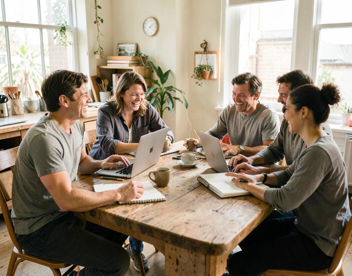 A relaxed team laughing and working together around a large wooden studio table