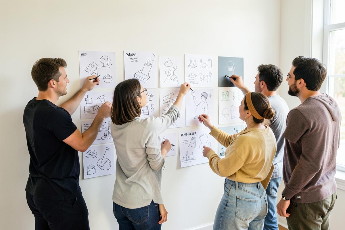 A casual creative team pinning ideas and sketches on a bright studio wall